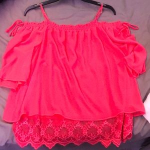 Large off the shoulder coral colored shirt